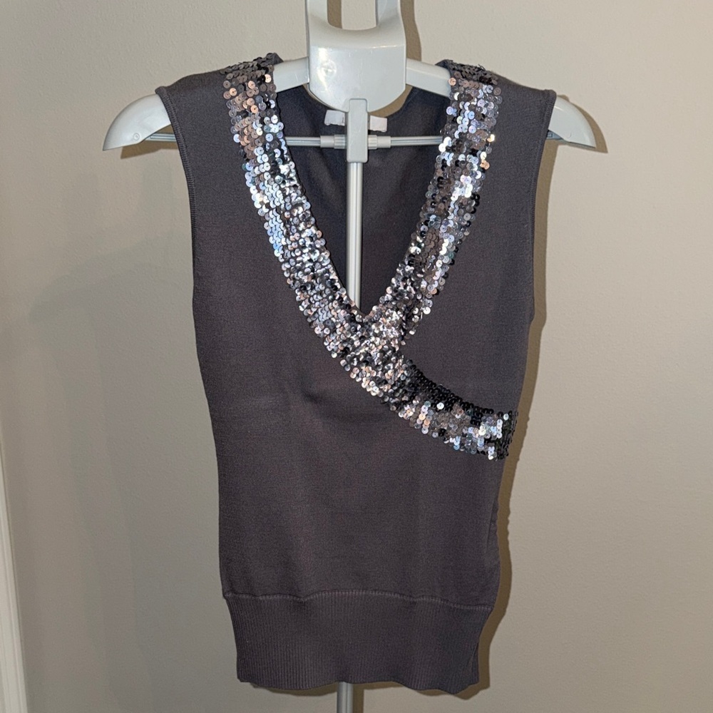 Cache Smoky Gray Cashmere, Silk blend Sleeveless Top with Silver Sequins